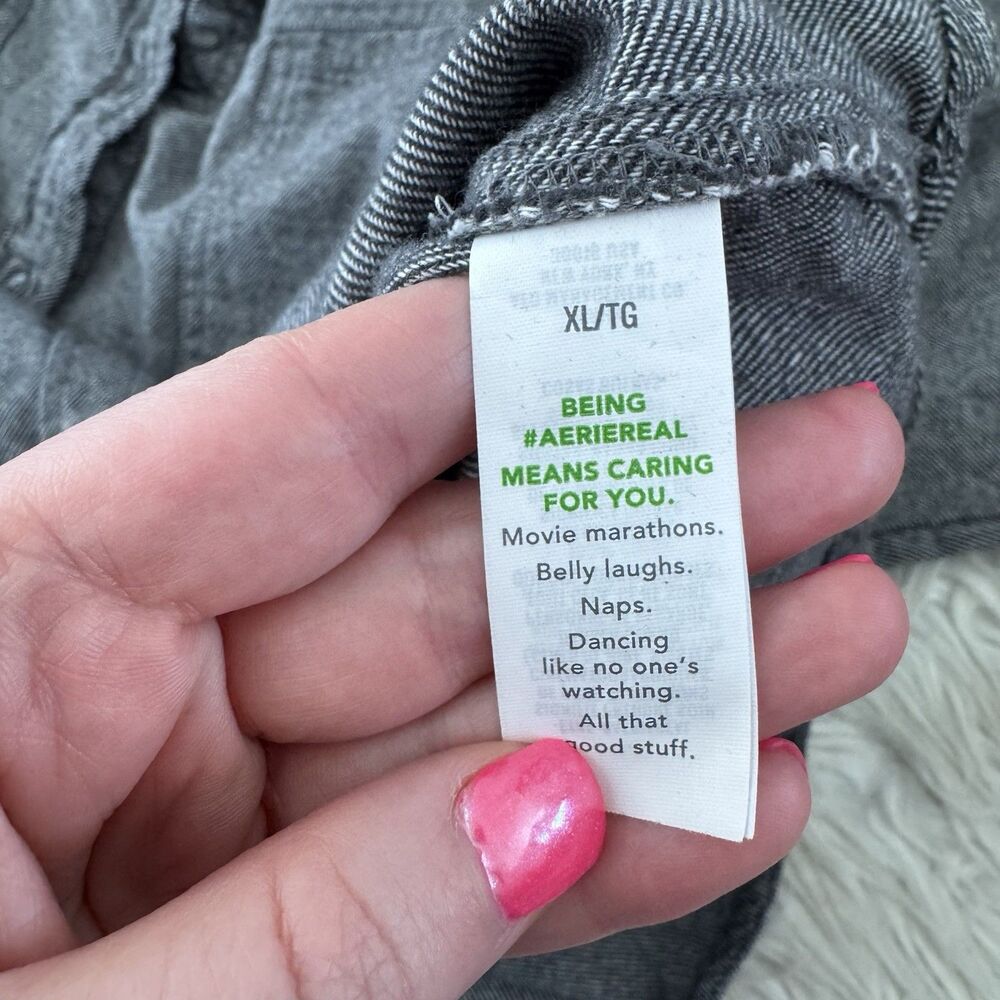 Aerie Anytime Fave Twill Flannel Shirt Women’s XL  Gray Striped Oversized Button - Picture 11 of 14